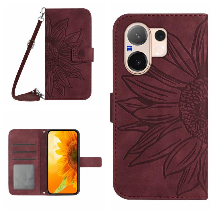 Skin Feel Sun Flower เคสโทรศัพท์หนังพลิกลายนูนพร้อมเชือกเส้นเล็ก, For vivo V70 FE 5G, For vivo V70 5G Global / V70 Elite 5G, For vivo V60 Lite 5G, For vivo V60 5G