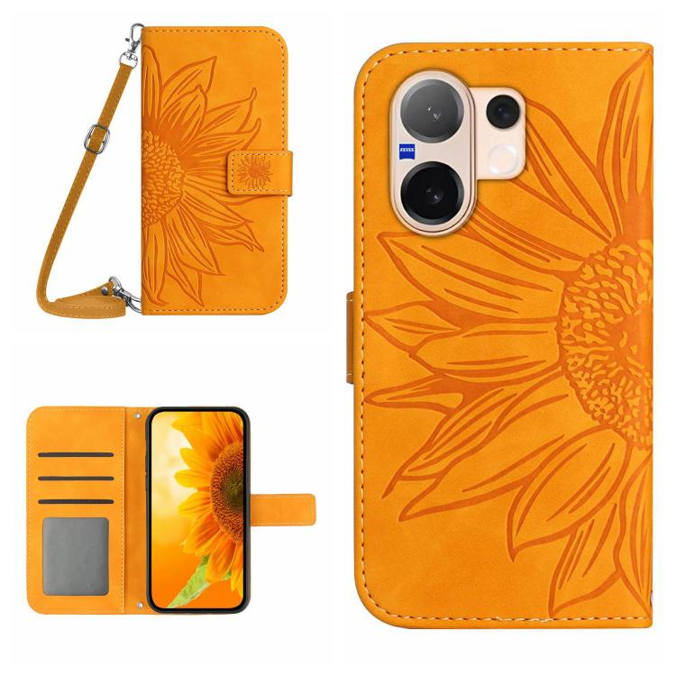 Skin Feel Sun Flower เคสโทรศัพท์หนังพลิกลายนูนพร้อมเชือกเส้นเล็ก, For vivo V70 FE 5G, For vivo V70 5G Global / V70 Elite 5G, For vivo V60 Lite 5G, For vivo V60 5G