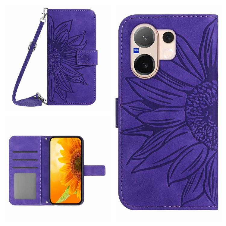 Skin Feel Sun Flower เคสโทรศัพท์หนังพลิกลายนูนพร้อมเชือกเส้นเล็ก, For vivo V70 FE 5G, For vivo V70 5G Global / V70 Elite 5G, For vivo V60 Lite 5G, For vivo V60 5G