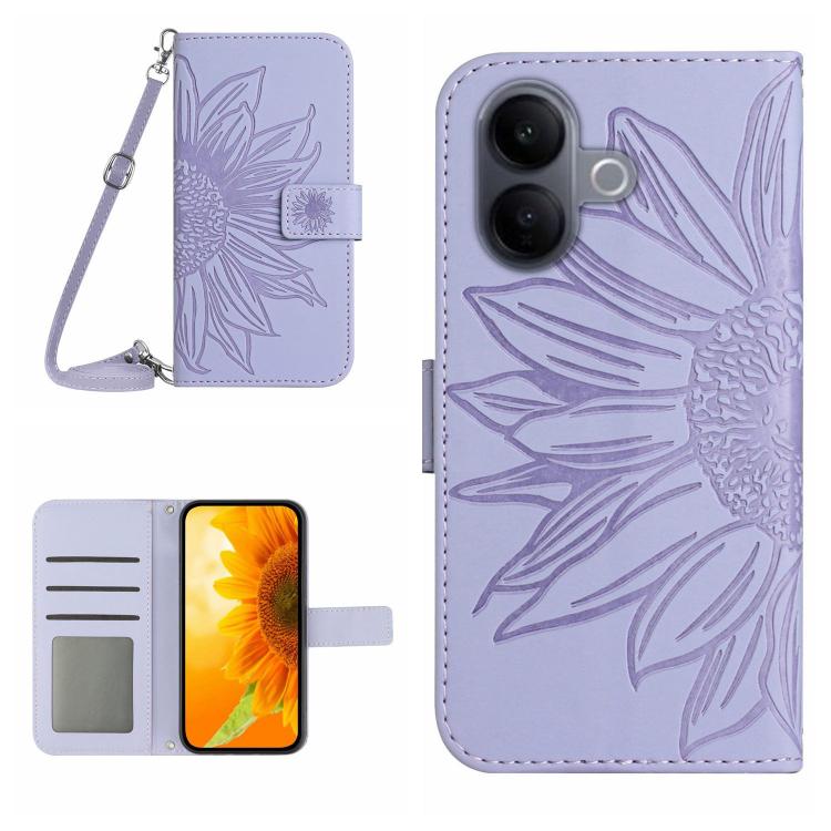Skin Feel Sun Flower เคสโทรศัพท์หนังพลิกลายนูนพร้อมเชือกเส้นเล็ก, For vivo V70 FE 5G, For vivo V70 5G Global / V70 Elite 5G, For vivo V60 Lite 5G, For vivo V60 5G