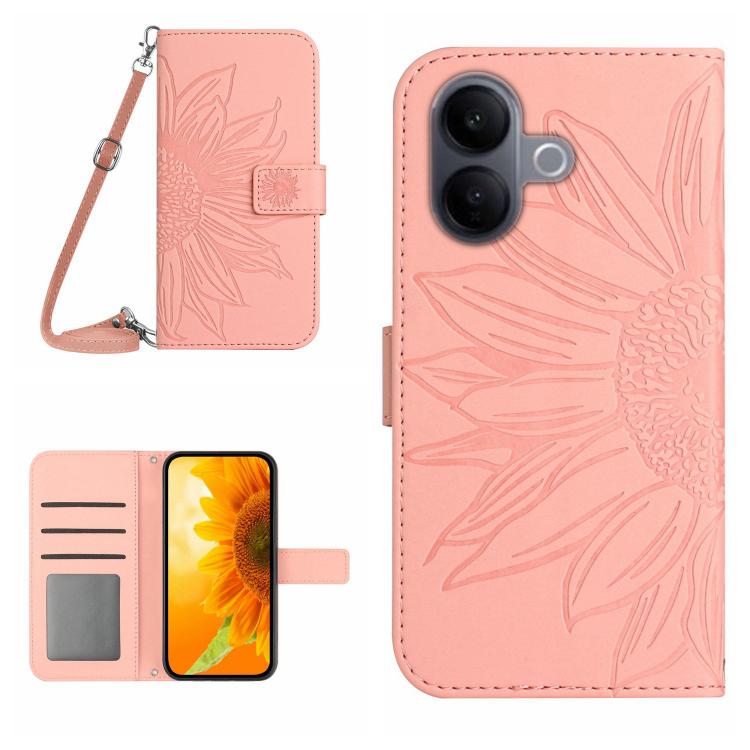 Skin Feel Sun Flower เคสโทรศัพท์หนังพลิกลายนูนพร้อมเชือกเส้นเล็ก, For vivo V70 FE 5G, For vivo V70 5G Global / V70 Elite 5G, For vivo V60 Lite 5G, For vivo V60 5G
