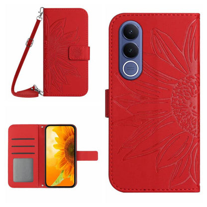 Skin Feel Sun Flower เคสโทรศัพท์หนังพลิกลายนูนพร้อมเชือกเส้นเล็ก, For vivo V70 FE 5G, For vivo V70 5G Global / V70 Elite 5G, For vivo V60 Lite 5G, For vivo V60 5G