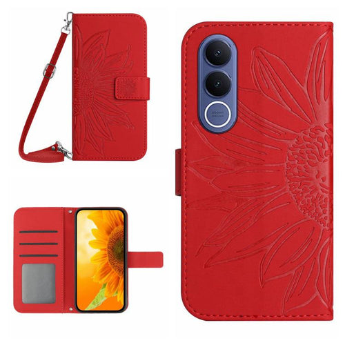 Skin Feel Sun Flower เคสโทรศัพท์หนังพลิกลายนูนพร้อมเชือกเส้นเล็ก, For vivo V70 FE 5G, For vivo V70 5G Global / V70 Elite 5G, For vivo V60 Lite 5G, For vivo V60 5G