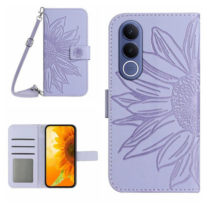 Skin Feel Sun Flower เคสโทรศัพท์หนังพลิกลายนูนพร้อมเชือกเส้นเล็ก, For vivo V70 FE 5G, For vivo V70 5G Global / V70 Elite 5G, For vivo V60 Lite 5G, For vivo V60 5G
