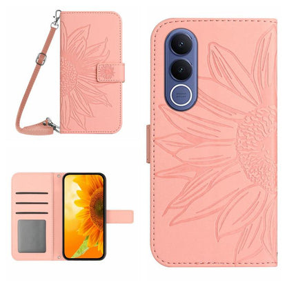 Skin Feel Sun Flower เคสโทรศัพท์หนังพลิกลายนูนพร้อมเชือกเส้นเล็ก, For vivo V70 FE 5G, For vivo V70 5G Global / V70 Elite 5G, For vivo V60 Lite 5G, For vivo V60 5G