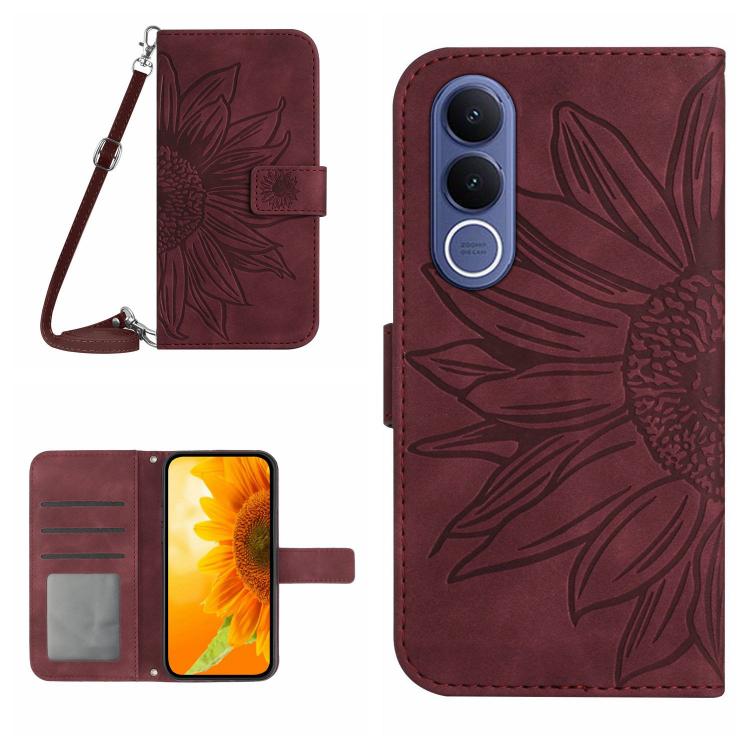 Skin Feel Sun Flower เคสโทรศัพท์หนังพลิกลายนูนพร้อมเชือกเส้นเล็ก, For vivo V70 FE 5G, For vivo V70 5G Global / V70 Elite 5G, For vivo V60 Lite 5G, For vivo V60 5G