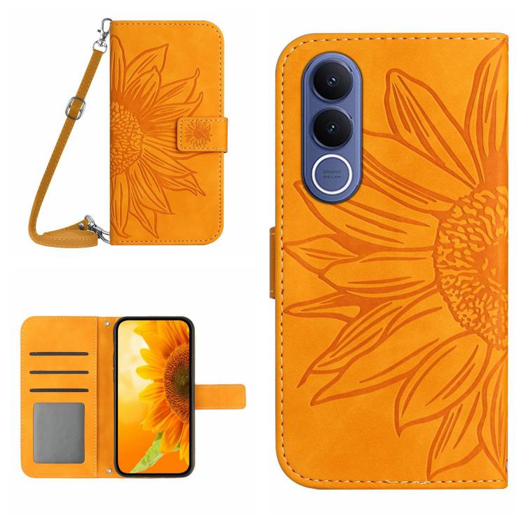 Skin Feel Sun Flower เคสโทรศัพท์หนังพลิกลายนูนพร้อมเชือกเส้นเล็ก, For vivo V70 FE 5G, For vivo V70 5G Global / V70 Elite 5G, For vivo V60 Lite 5G, For vivo V60 5G