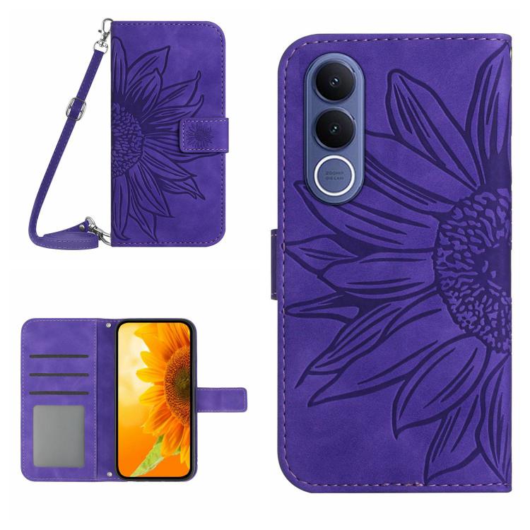 Skin Feel Sun Flower เคสโทรศัพท์หนังพลิกลายนูนพร้อมเชือกเส้นเล็ก, For vivo V70 FE 5G, For vivo V70 5G Global / V70 Elite 5G, For vivo V60 Lite 5G, For vivo V60 5G
