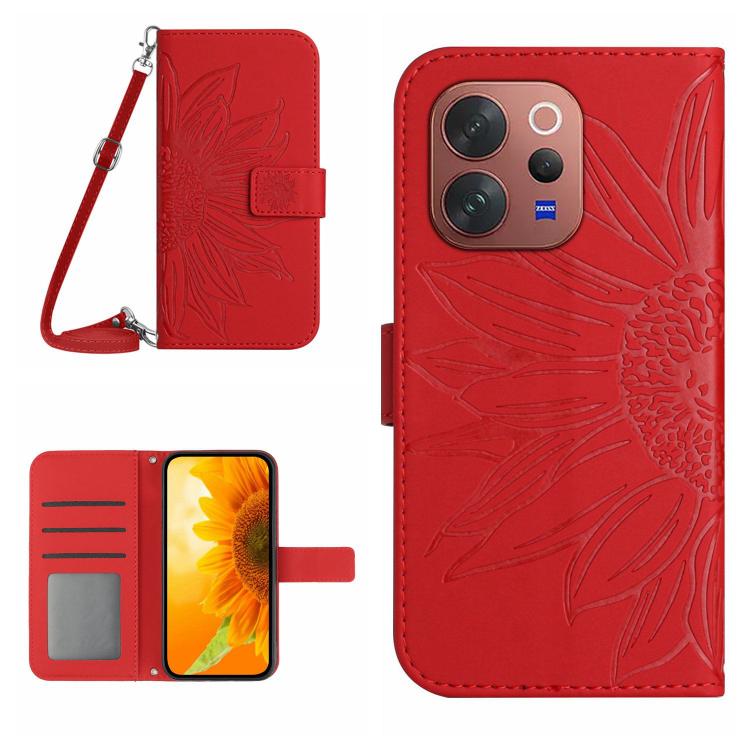 Skin Feel Sun Flower เคสโทรศัพท์หนังพลิกลายนูนพร้อมเชือกเส้นเล็ก, For vivo V70 FE 5G, For vivo V70 5G Global / V70 Elite 5G, For vivo V60 Lite 5G, For vivo V60 5G