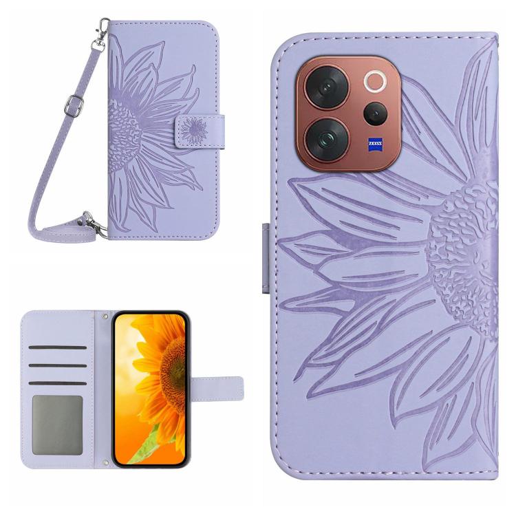 Skin Feel Sun Flower เคสโทรศัพท์หนังพลิกลายนูนพร้อมเชือกเส้นเล็ก, For vivo V70 FE 5G, For vivo V70 5G Global / V70 Elite 5G, For vivo V60 Lite 5G, For vivo V60 5G