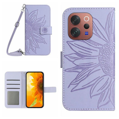 Skin Feel Sun Flower เคสโทรศัพท์หนังพลิกลายนูนพร้อมเชือกเส้นเล็ก, For vivo V70 FE 5G, For vivo V70 5G Global / V70 Elite 5G, For vivo V60 Lite 5G, For vivo V60 5G