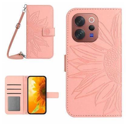 Skin Feel Sun Flower เคสโทรศัพท์หนังพลิกลายนูนพร้อมเชือกเส้นเล็ก, For vivo V70 FE 5G, For vivo V70 5G Global / V70 Elite 5G, For vivo V60 Lite 5G, For vivo V60 5G