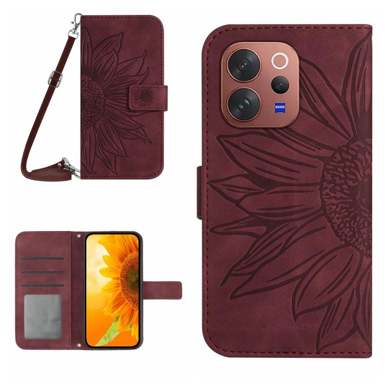 Skin Feel Sun Flower เคสโทรศัพท์หนังพลิกลายนูนพร้อมเชือกเส้นเล็ก, For vivo V70 FE 5G, For vivo V70 5G Global / V70 Elite 5G, For vivo V60 Lite 5G, For vivo V60 5G