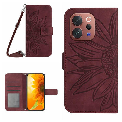 Skin Feel Sun Flower เคสโทรศัพท์หนังพลิกลายนูนพร้อมเชือกเส้นเล็ก, For vivo V70 FE 5G, For vivo V70 5G Global / V70 Elite 5G, For vivo V60 Lite 5G, For vivo V60 5G