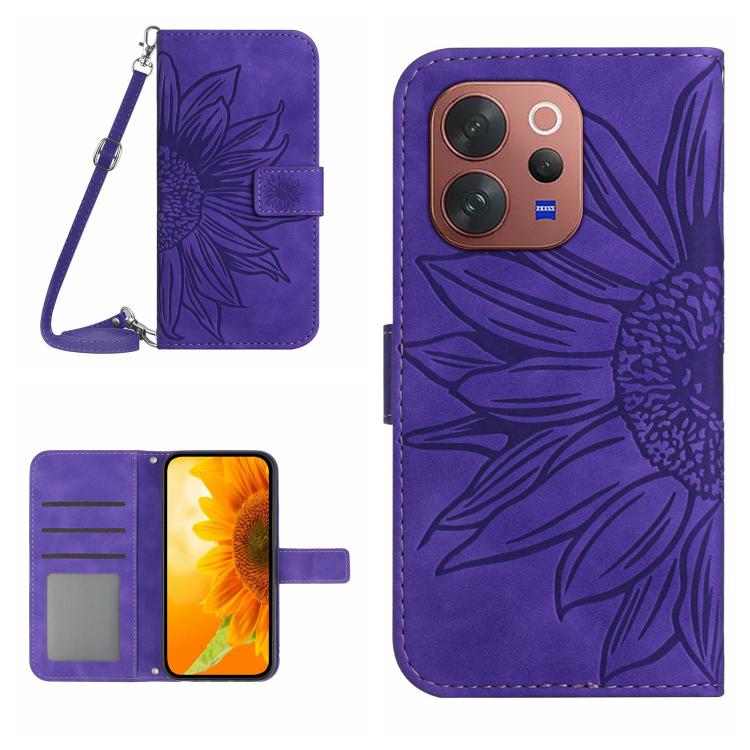 Skin Feel Sun Flower เคสโทรศัพท์หนังพลิกลายนูนพร้อมเชือกเส้นเล็ก, For vivo V70 FE 5G, For vivo V70 5G Global / V70 Elite 5G, For vivo V60 Lite 5G, For vivo V60 5G