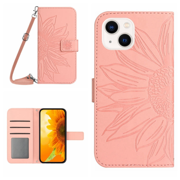 Skin Feel Sun Flower เคสโทรศัพท์หนังพลิกลายนูนพร้อมเชือกเส้นเล็ก, For iPhone 15