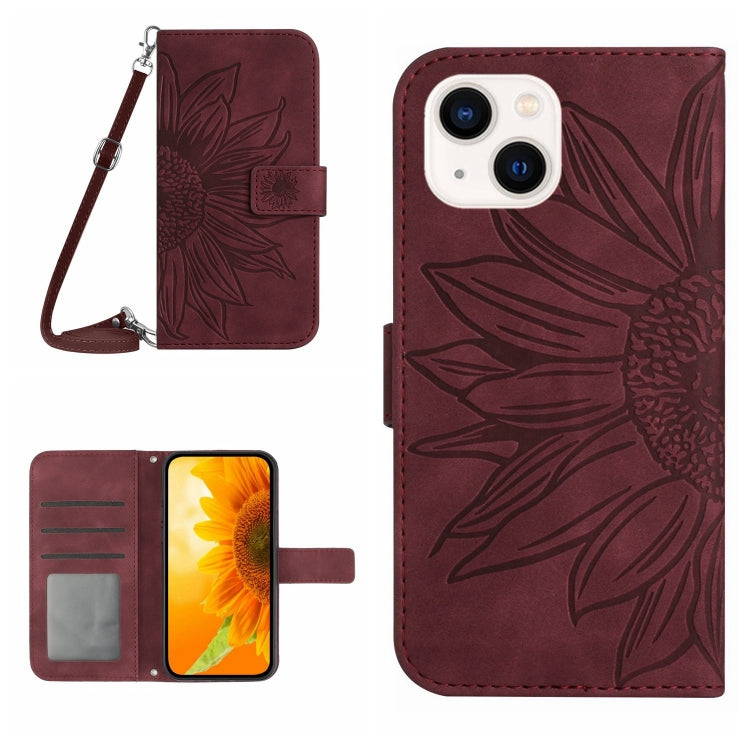 Skin Feel Sun Flower เคสโทรศัพท์หนังพลิกลายนูนพร้อมเชือกเส้นเล็ก, For iPhone 15
