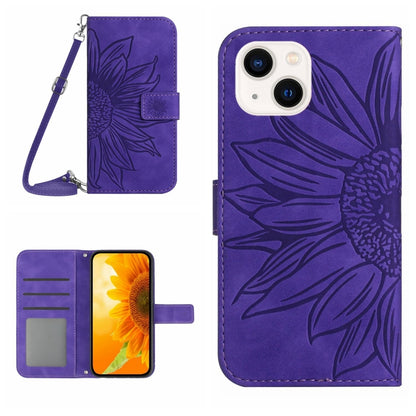 Skin Feel Sun Flower เคสโทรศัพท์หนังพลิกลายนูนพร้อมเชือกเส้นเล็ก, For iPhone 15