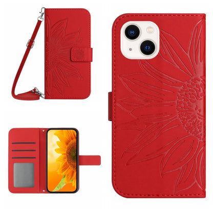 Skin Feel Sun Flower เคสโทรศัพท์หนังพลิกลายนูนพร้อมเชือกเส้นเล็ก, For iPhone 16, For iPhone 15 Pro Max, For iPhone 15 Pro, For iPhone 15 Plus