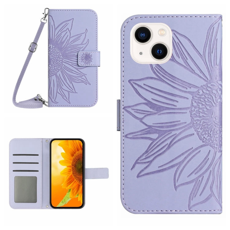 Skin Feel Sun Flower เคสโทรศัพท์หนังพลิกลายนูนพร้อมเชือกเส้นเล็ก, For iPhone 16, For iPhone 15 Pro Max, For iPhone 15 Pro, For iPhone 15 Plus