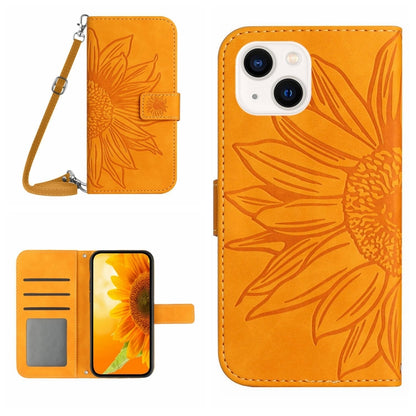 Skin Feel Sun Flower เคสโทรศัพท์หนังพลิกลายนูนพร้อมเชือกเส้นเล็ก, For iPhone 16, For iPhone 15 Pro Max, For iPhone 15 Pro, For iPhone 15 Plus