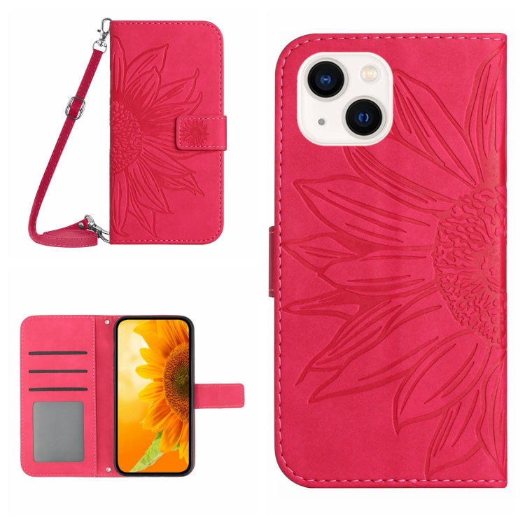 Skin Feel Sun Flower เคสโทรศัพท์หนังพลิกลายนูนพร้อมเชือกเส้นเล็ก, For iPhone 16, For iPhone 15 Pro Max, For iPhone 15 Pro, For iPhone 15 Plus