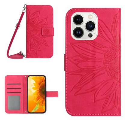 Skin Feel Sun Flower เคสโทรศัพท์หนังพลิกลายนูนพร้อมเชือกเส้นเล็ก, For iPhone 16, For iPhone 15 Pro Max, For iPhone 15 Pro, For iPhone 15 Plus