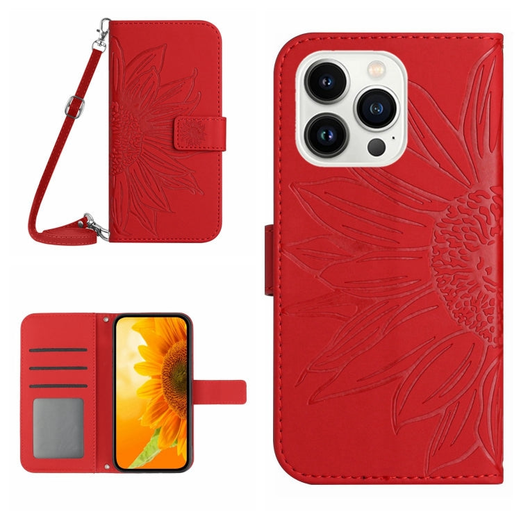 Skin Feel Sun Flower เคสโทรศัพท์หนังพลิกลายนูนพร้อมเชือกเส้นเล็ก, For iPhone 16, For iPhone 15 Pro Max, For iPhone 15 Pro, For iPhone 15 Plus