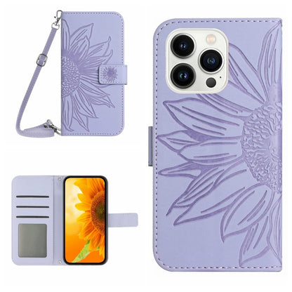 Skin Feel Sun Flower เคสโทรศัพท์หนังพลิกลายนูนพร้อมเชือกเส้นเล็ก, For iPhone 16, For iPhone 15 Pro Max, For iPhone 15 Pro, For iPhone 15 Plus