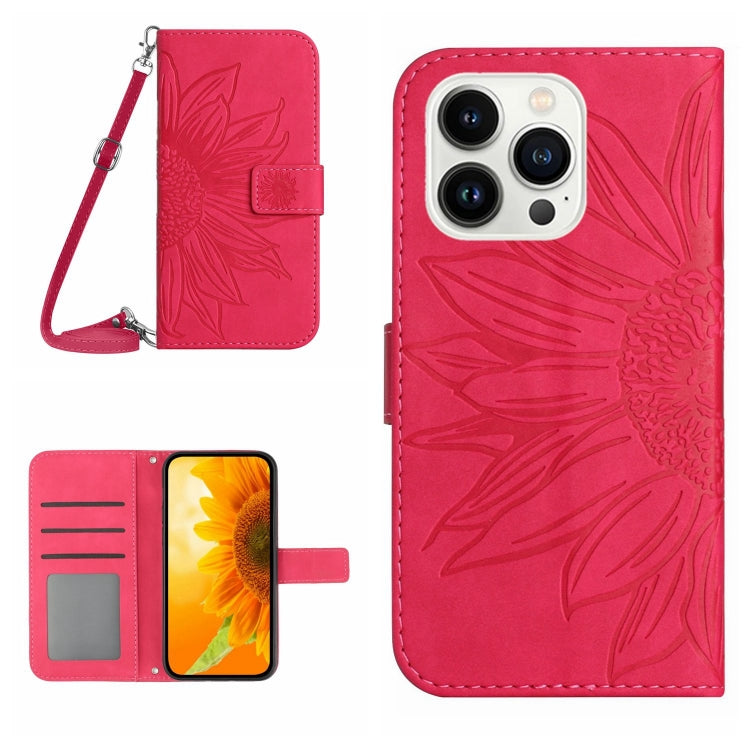 Skin Feel Sun Flower เคสโทรศัพท์หนังพลิกลายนูนพร้อมเชือกเส้นเล็ก, For iPhone 16, For iPhone 15 Pro Max, For iPhone 15 Pro, For iPhone 15 Plus