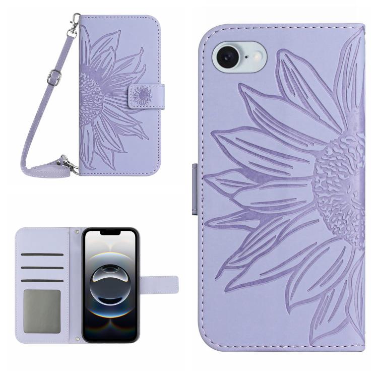 Skin Feel Sun Flower เคสโทรศัพท์หนังพลิกลายนูนพร้อมเชือกเส้นเล็ก, For iPhone 17e / 16e, For iPhone 17 Pro Max, For iPhone 17 Pro, For iPhone 17