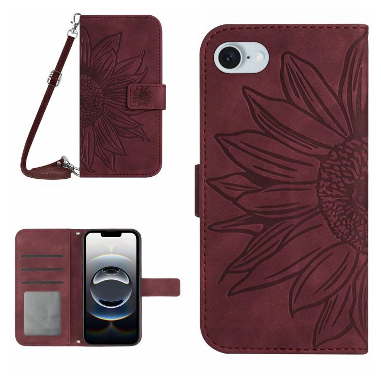 Skin Feel Sun Flower เคสโทรศัพท์หนังพลิกลายนูนพร้อมเชือกเส้นเล็ก, For iPhone 17e / 16e, For iPhone 17 Pro Max, For iPhone 17 Pro, For iPhone 17