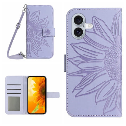 Skin Feel Sun Flower เคสโทรศัพท์หนังพลิกลายนูนพร้อมเชือกเส้นเล็ก, For iPhone Air, For iPhone 16 Pro Max, For iPhone 16 Pro, For iPhone 16 Plus