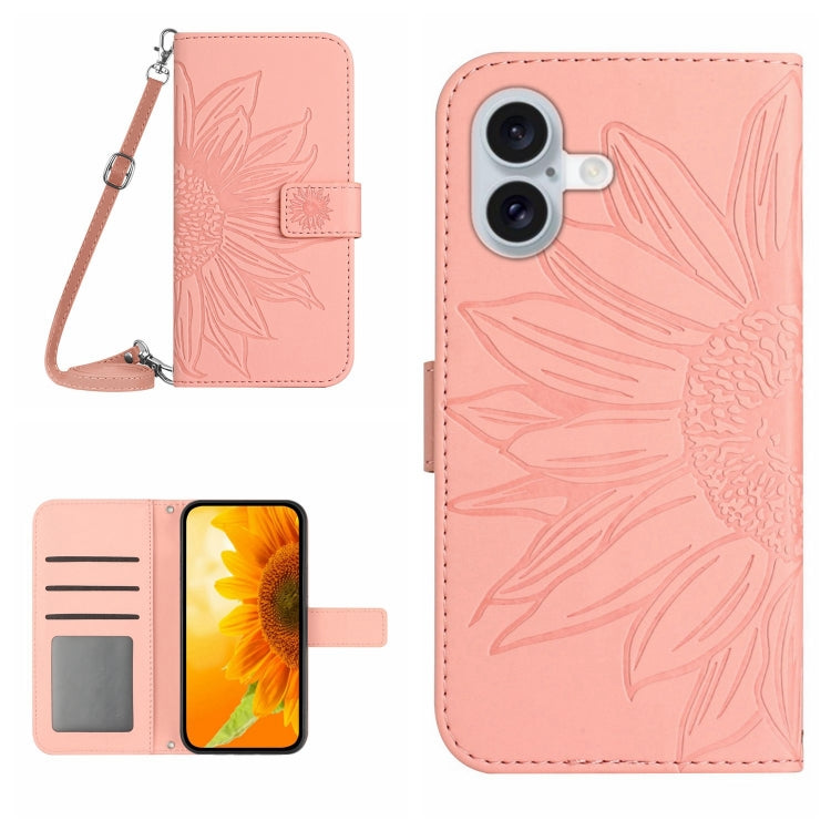 Skin Feel Sun Flower เคสโทรศัพท์หนังพลิกลายนูนพร้อมเชือกเส้นเล็ก, For iPhone Air, For iPhone 16 Pro Max, For iPhone 16 Pro, For iPhone 16 Plus