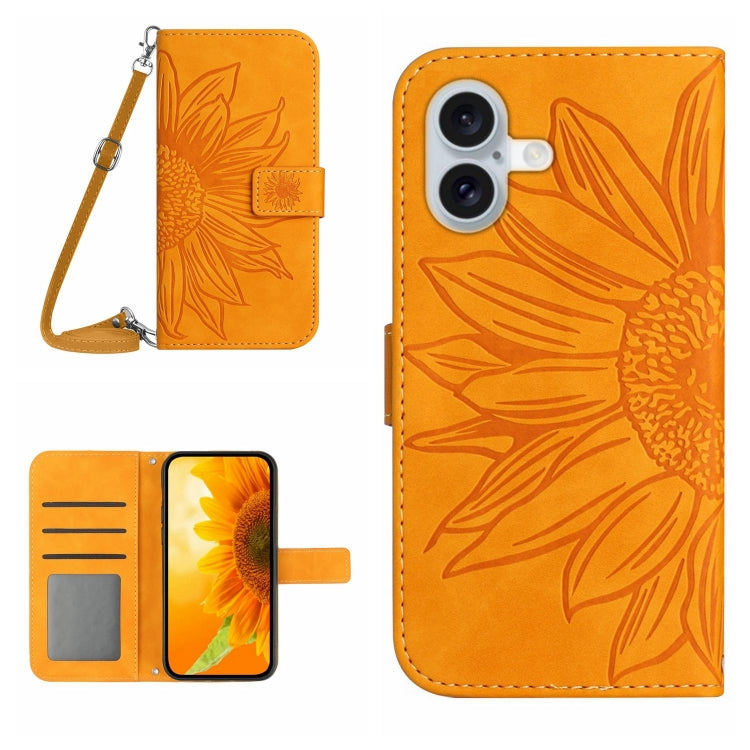 Skin Feel Sun Flower เคสโทรศัพท์หนังพลิกลายนูนพร้อมเชือกเส้นเล็ก, For iPhone Air, For iPhone 16 Pro Max, For iPhone 16 Pro, For iPhone 16 Plus