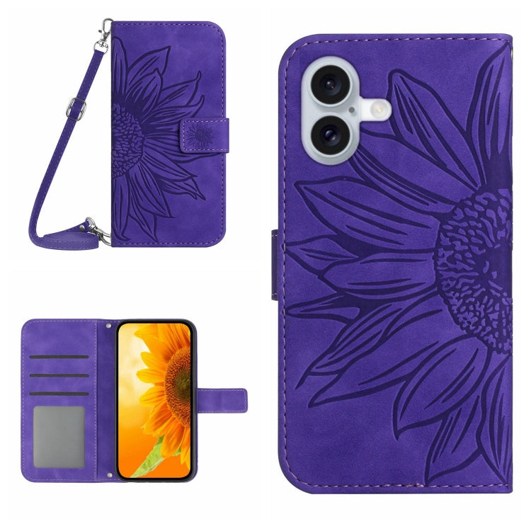 Skin Feel Sun Flower เคสโทรศัพท์หนังพลิกลายนูนพร้อมเชือกเส้นเล็ก, For iPhone Air, For iPhone 16 Pro Max, For iPhone 16 Pro, For iPhone 16 Plus