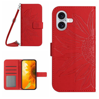 Skin Feel Sun Flower เคสโทรศัพท์หนังพลิกลายนูนพร้อมเชือกเส้นเล็ก, For iPhone 16, For iPhone 15 Pro Max, For iPhone 15 Pro, For iPhone 15 Plus