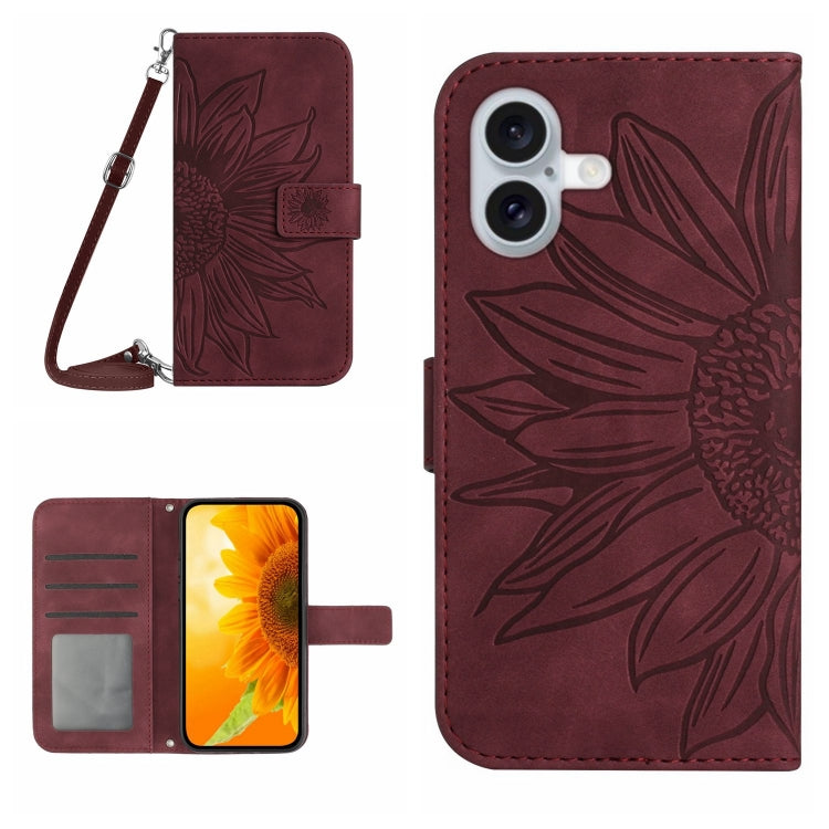 Skin Feel Sun Flower เคสโทรศัพท์หนังพลิกลายนูนพร้อมเชือกเส้นเล็ก, For iPhone 16, For iPhone 15 Pro Max, For iPhone 15 Pro, For iPhone 15 Plus