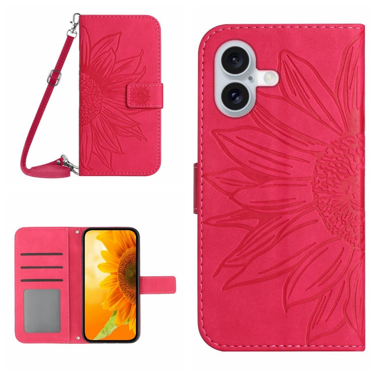 Skin Feel Sun Flower เคสโทรศัพท์หนังพลิกลายนูนพร้อมเชือกเส้นเล็ก, For iPhone 16, For iPhone 15 Pro Max, For iPhone 15 Pro, For iPhone 15 Plus