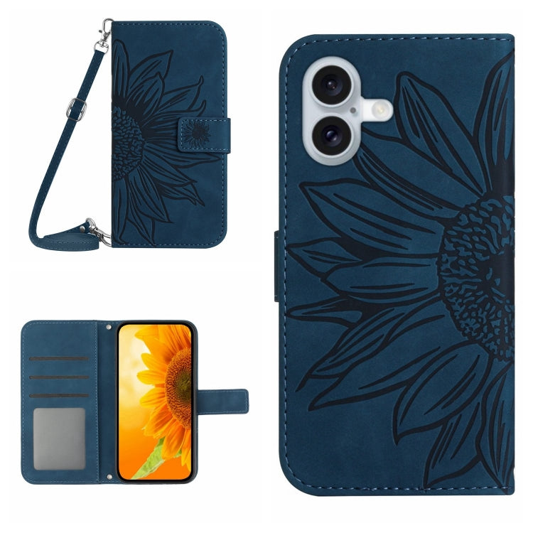 Skin Feel Sun Flower เคสโทรศัพท์หนังพลิกลายนูนพร้อมเชือกเส้นเล็ก, For iPhone 16, For iPhone 15 Pro Max, For iPhone 15 Pro, For iPhone 15 Plus