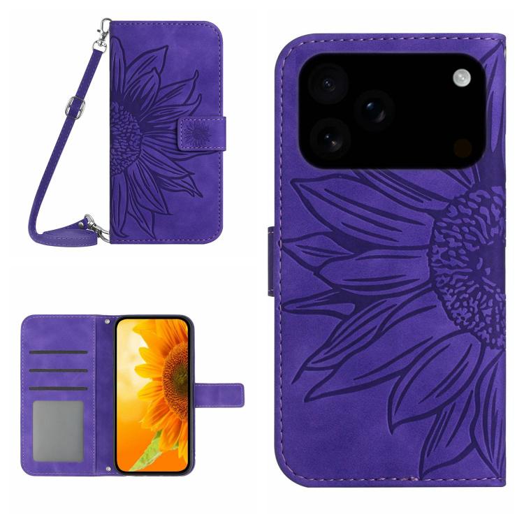 Skin Feel Sun Flower เคสโทรศัพท์หนังพลิกลายนูนพร้อมเชือกเส้นเล็ก, For iPhone 17e / 16e, For iPhone 17 Pro Max, For iPhone 17 Pro, For iPhone 17