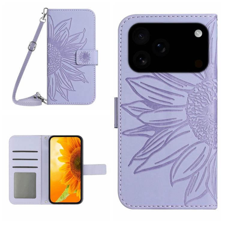 Skin Feel Sun Flower เคสโทรศัพท์หนังพลิกลายนูนพร้อมเชือกเส้นเล็ก, For iPhone 17e / 16e, For iPhone 17 Pro Max, For iPhone 17 Pro, For iPhone 17