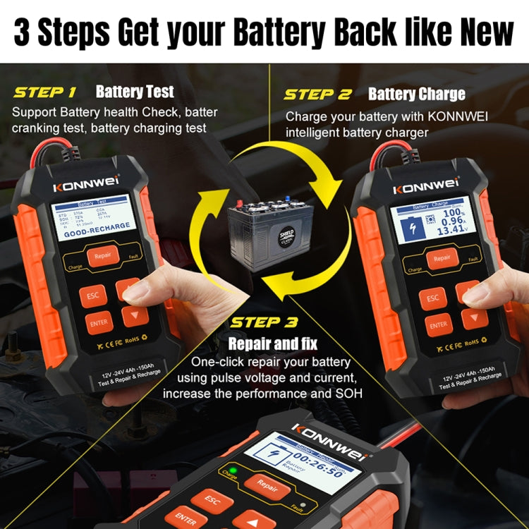 KONNWEI KW520 12V / 24V 3 in 1 เครื่องทดสอบแบตเตอรี่รถยนต์พร้อมฟังก์ชั่นตรวจจับและซ่อมแซมและชาร์จ, KW520