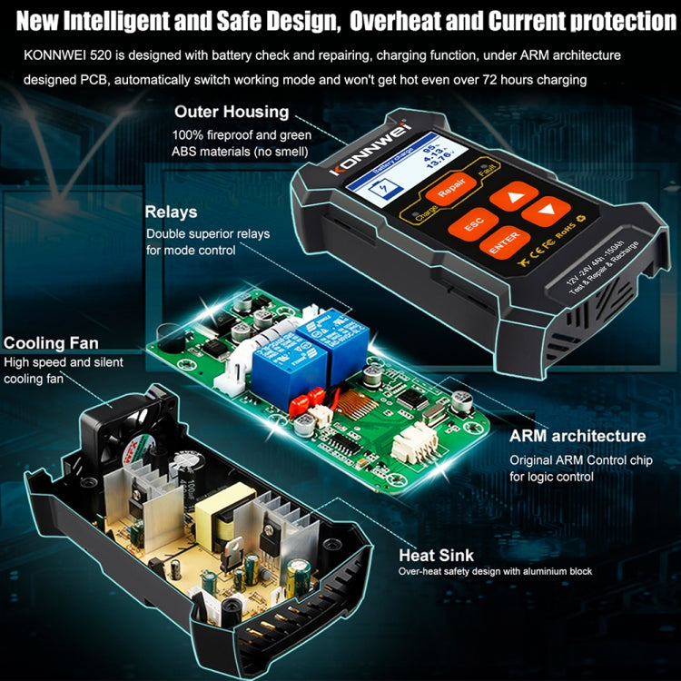 KONNWEI KW520 12V / 24V 3 in 1 เครื่องทดสอบแบตเตอรี่รถยนต์พร้อมฟังก์ชั่นตรวจจับและซ่อมแซมและชาร์จ, KW520