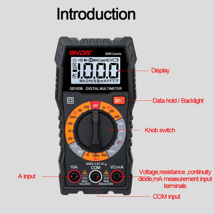 GVDA GD103B มัลติมิเตอร์แบบดิจิตอลมัลติฟังก์ชั่น DMM โวลต์มิเตอร์, GD103B