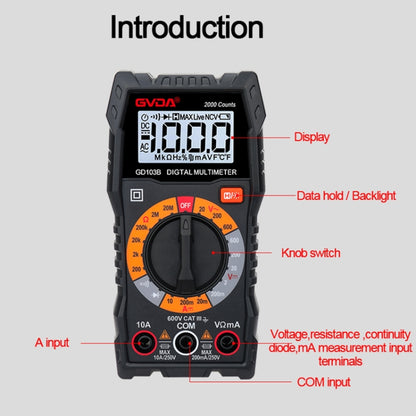 GVDA GD103B มัลติมิเตอร์แบบดิจิตอลมัลติฟังก์ชั่น DMM โวลต์มิเตอร์, GD103B