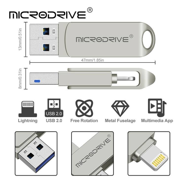 MicroDrive 2 In 1 Lightning + USB2.0 แฟลชดิสก์โลหะแบบพกพา USB, 32GB, 64GB, 128GB