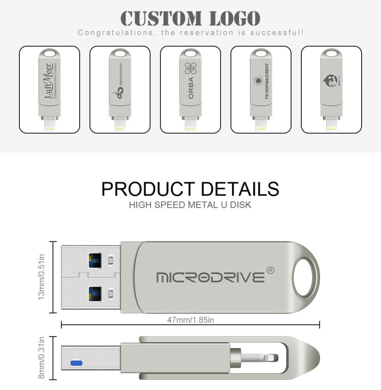 MicroDrive 2 In 1 Lightning + USB2.0 แฟลชดิสก์โลหะแบบพกพา USB, 32GB, 64GB, 128GB