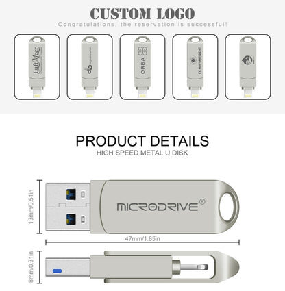 MicroDrive 2 In 1 Lightning + USB2.0 แฟลชดิสก์โลหะแบบพกพา USB, 32GB, 64GB, 128GB