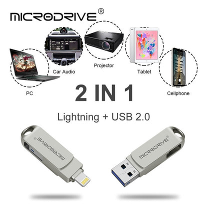 MicroDrive 2 In 1 Lightning + USB2.0 แฟลชดิสก์โลหะแบบพกพา USB, 32GB, 64GB, 128GB